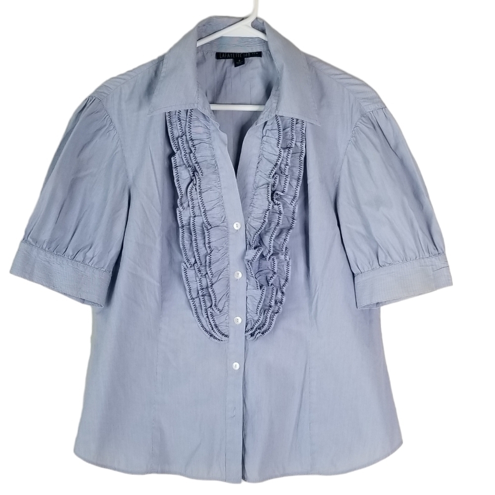 Lafayette 148 Light Blue Button Up Ruffle Front Short Puff Sleeve Blouse Size 8